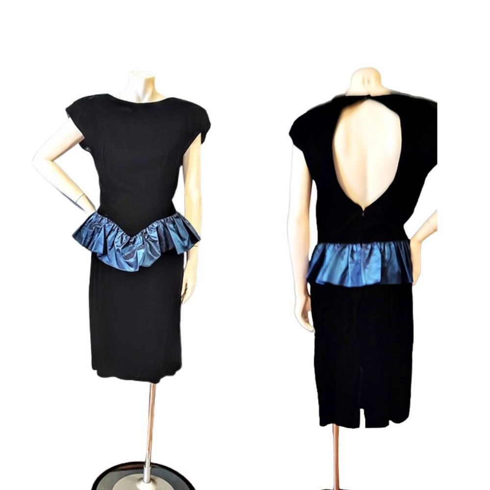 1980s Vintage Black Velvet Party Prom Dress With Open Back And Blue Satin Ruffle